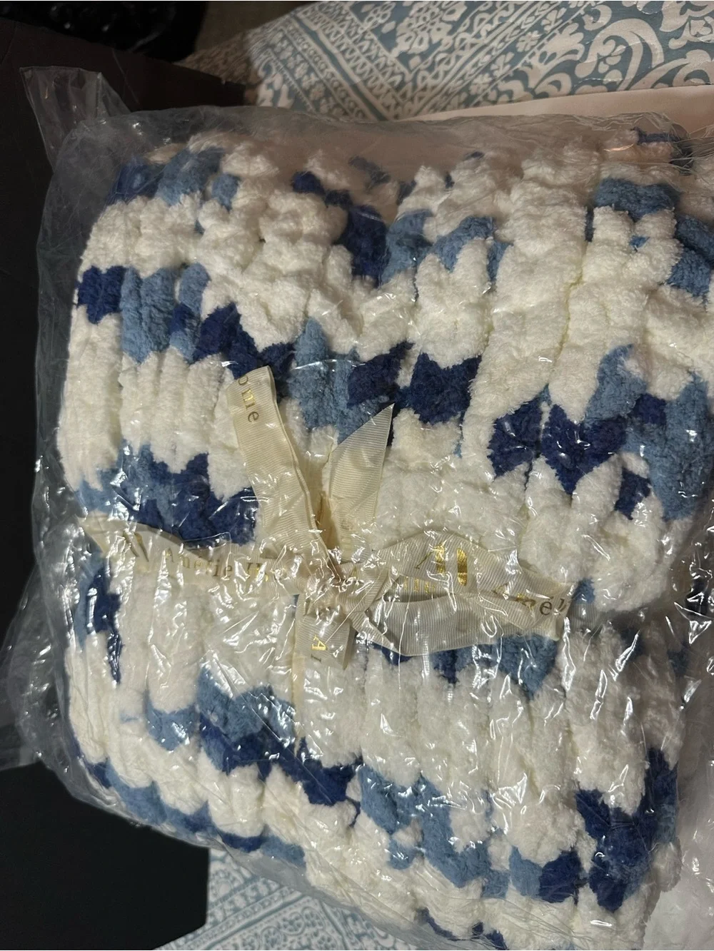 Amelie Hone  White and Blue Chunky Knit Throw Blanket